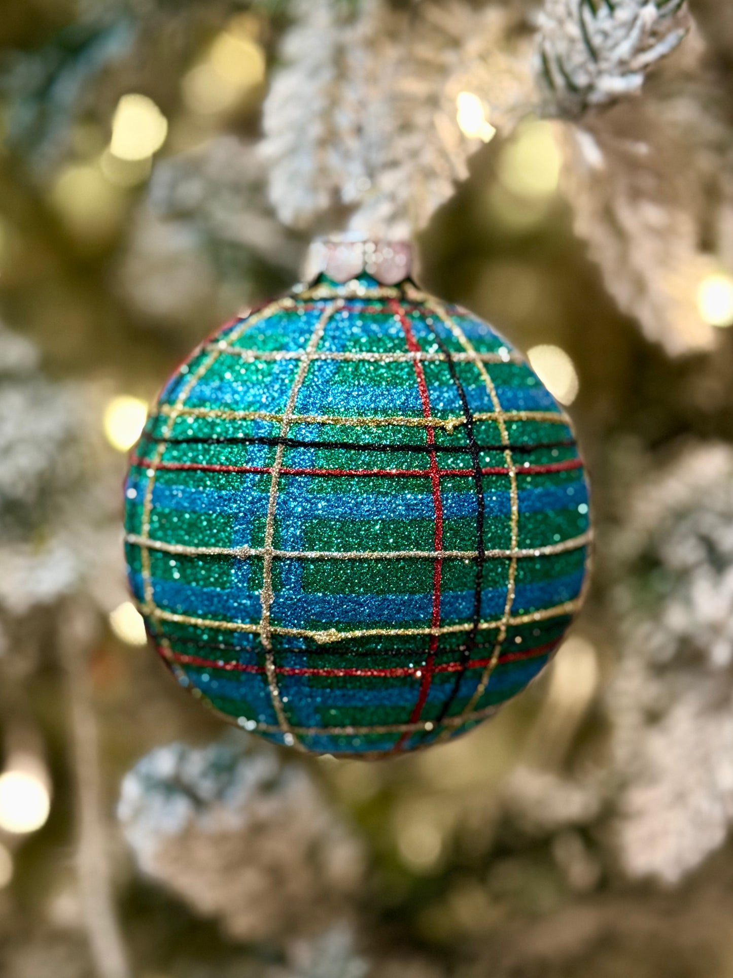 GLITTER BLUE PLAID 4 INCH GLASS HANGING ORNAMENT 4520908