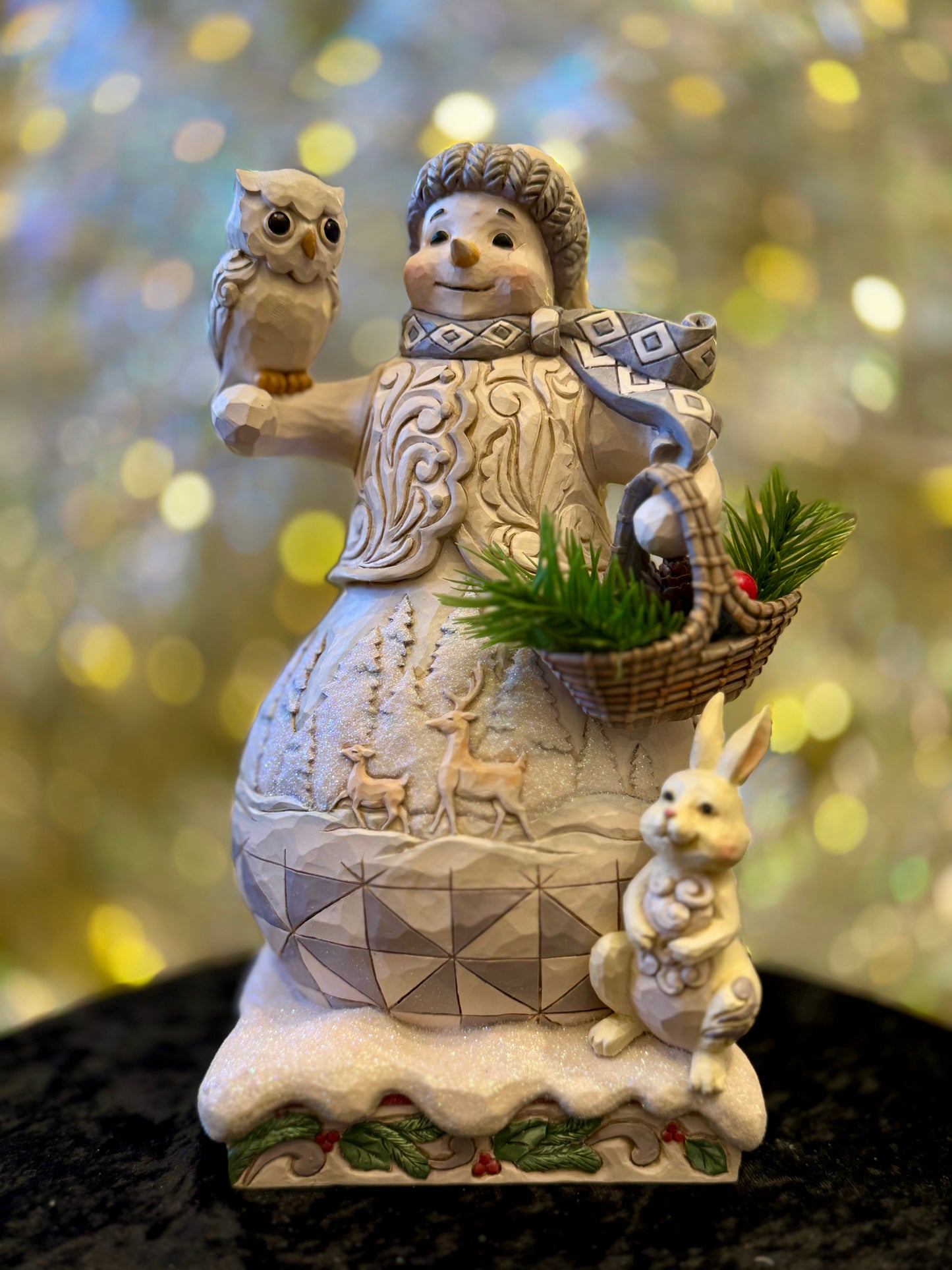 JIM SHORE WHITE WOODLAND SNOWMAN WITH BASKET 6017168