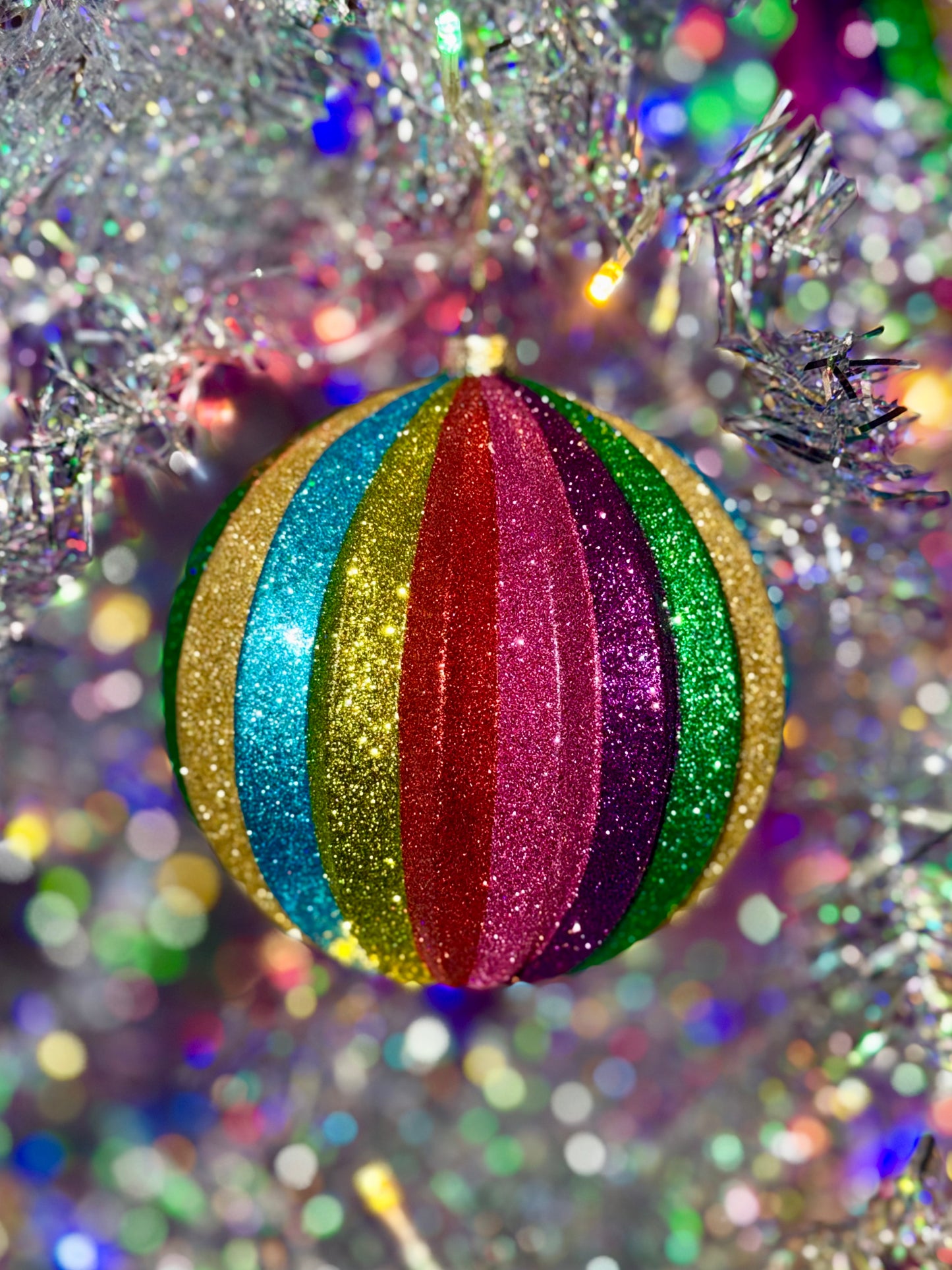 MULTICOLOUR STRIPED GLITTER 6 INCH ROUND GLASS ORNAMENT 4524898