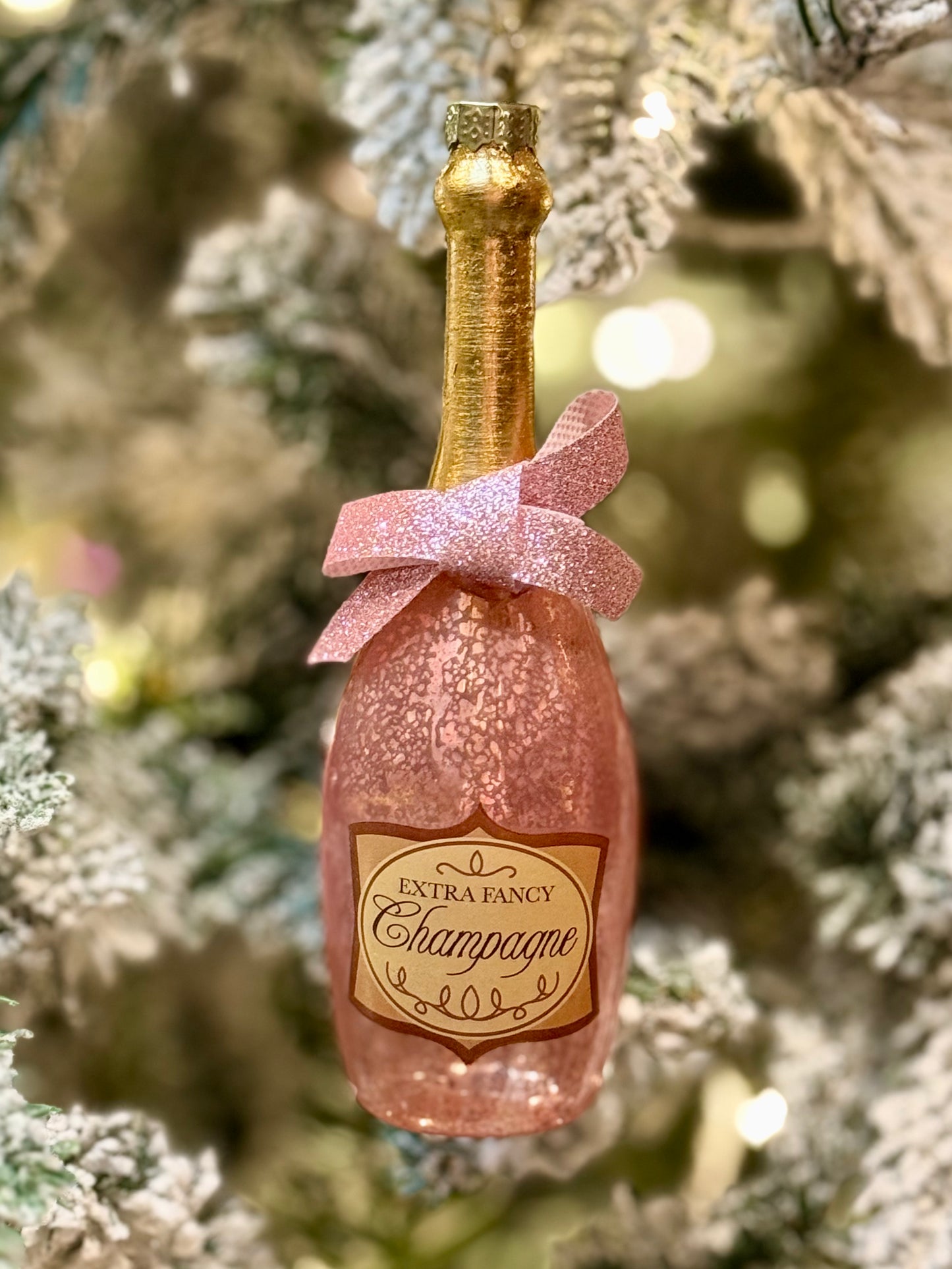 PINK EXTRA FANCY CHAMPAGNE BOTTLE GLASS HANGING ORNAMENT YAN338