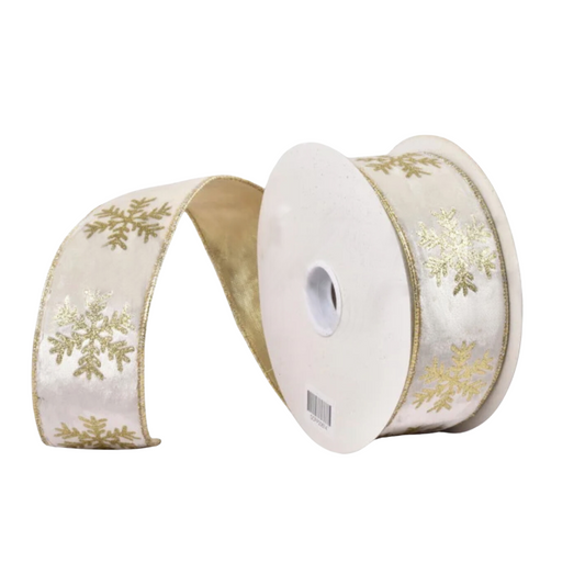 NATURAL WITH CHAMPAGNE SNOW FLAKE 2.5 INCH RIBBON ROM003