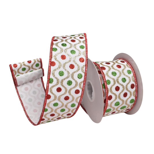 WHITE WITH RED GREEN GOLD PATTERN 2.5 INCH RIBBON ROM044