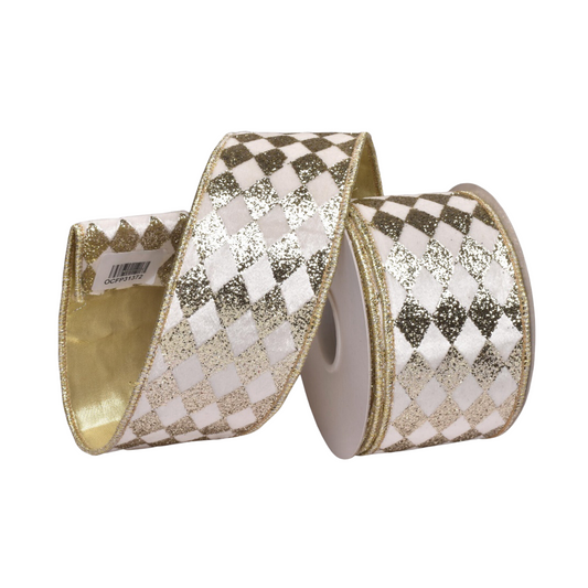 WHITE VELVET HARLEQUIN GOLD GLITTER 2.5INCH WIRE EDGED RIBBON ROM001