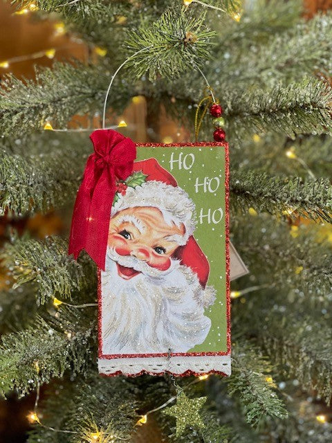 RETRO CHRISTMAS POSTCARD ORNAMENT SANTA HO HO HO