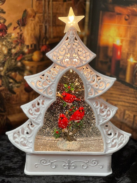 GLITTER LANTERN - WHITE CHRISTMAS TREE WITH CARDINALS XAC402