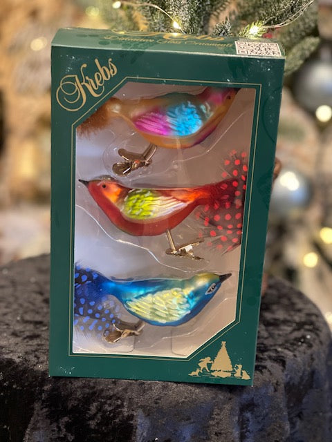 SET OF 3 BOXED GLASS CLIP ON BIRD ORNAMENTS