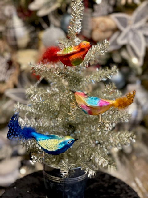 SET OF 3 BOXED GLASS CLIP ON BIRD ORNAMENTS