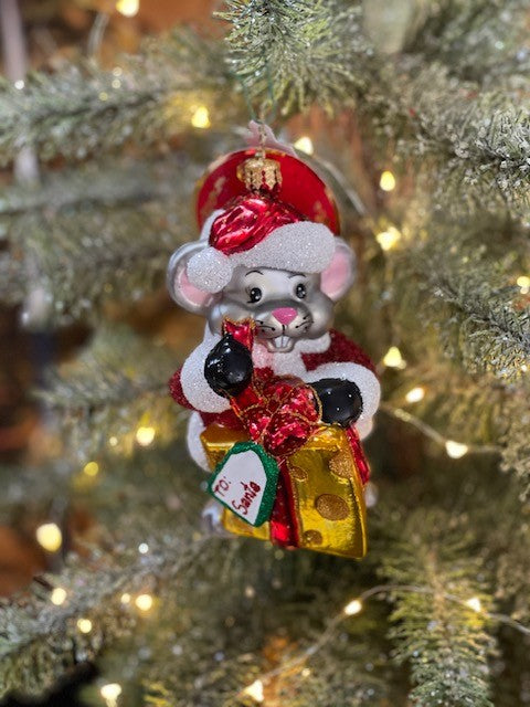 CHRISTOPHER RADKO SWISS ON HIS LIST MOUSE GLASS ORNAMENT 1020588