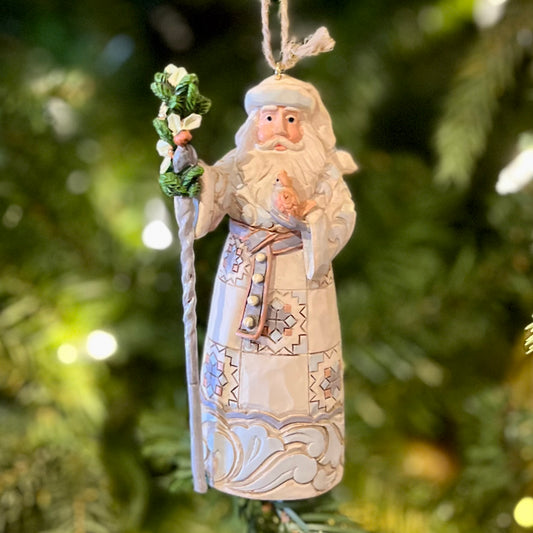 JIM SHORE WHITE WOODLAND SANTA WITH STAFF HANGING ORNAMENT 6005253