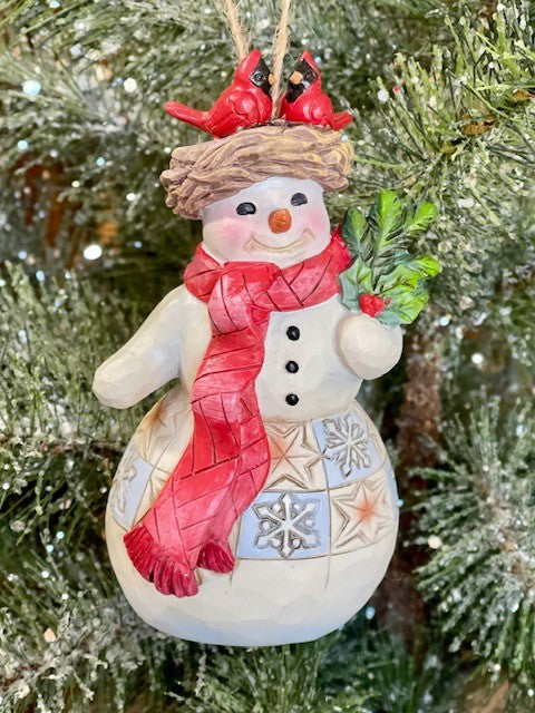 JIM SHORE HWC - SNOWMAN WITH CARDINAL NEST HANGING ORNAMENT 6009469