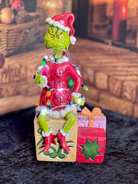 JIM SHORE GRINCH CHRISTMAS - GRINCH SITTING ON PRESENT (LIGHTS UP) 6008887