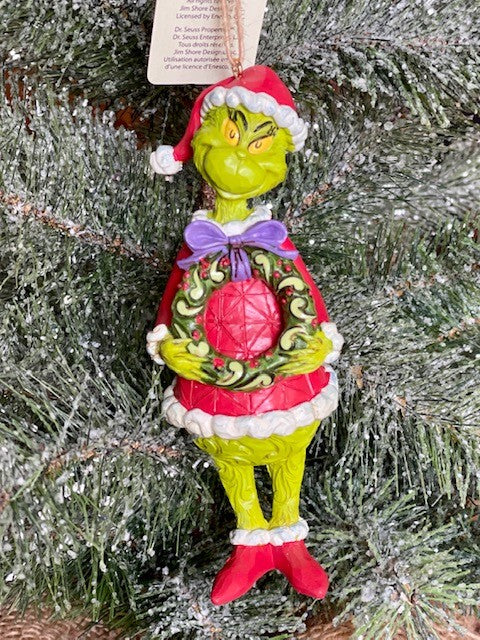 JIM SHORE GRINCH COLLECTION - GRINCH HOLDING A WREATH HANGING ORNAMENT