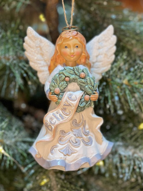 JIM SHORE - WHITE WOODLAND ANGEL WITH BELIEVE HANGING ORNAMENT 6009587