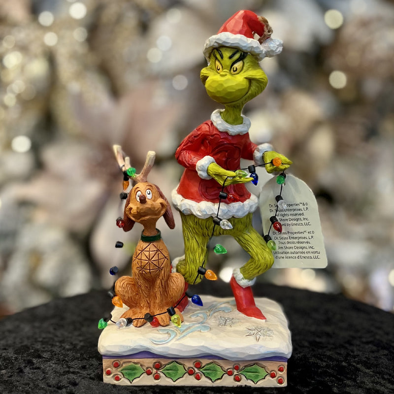 JIM SHORE GRINCH - GRINCH WITH MAX WRAPPED IN LIGHTS 6010779