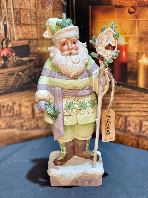 JIM SHORE - WHITE WOODLAND GREEN SANTA WITH STAFF 6011614