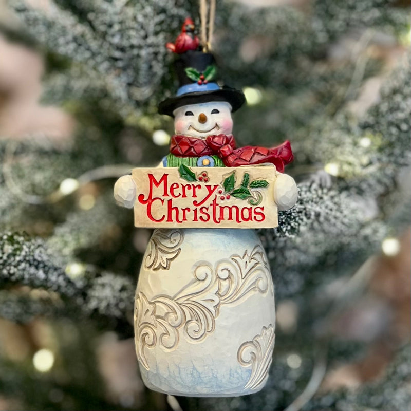 JIM SHORE HWC - SNOWMAN WITH MERRY CHRISTMAS SIGN HANGING ORNAMENT 6012975