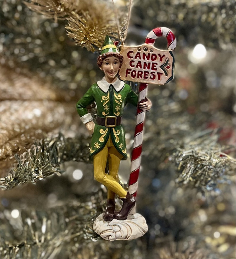 ELF BY JIM SHORE - BUDDY ELF HOLDING CANDY CANE FOREST SIGN HANGING ORNAMENT 6013943