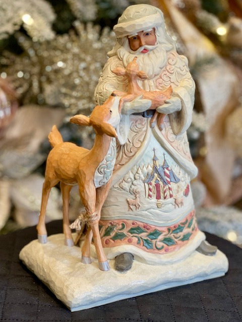 JIM SHORE WHITE WOODLAND SANTA HOLDING FAWN - BELIEVE IN KINDNESS 6015152