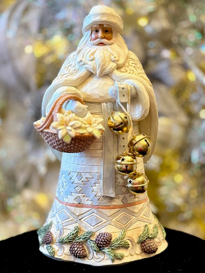 JIM SHORE WHITE WOODLAND SANTA WITH BASKET & GOLD BELLS 6017172