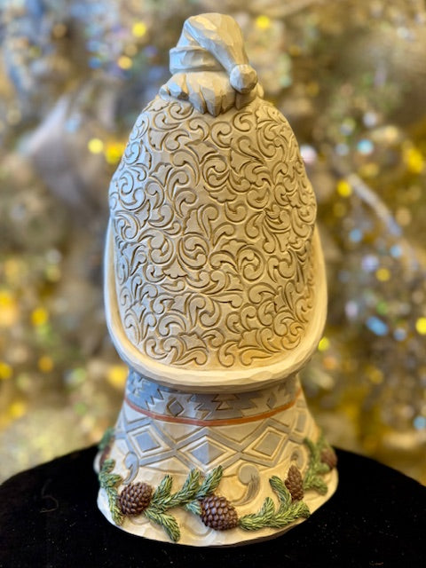 JIM SHORE WHITE WOODLAND SANTA WITH BASKET & GOLD BELLS 6017172