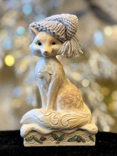 JIM SHORE WHITE WOODLAND FOX WITH KNIT HAT 6017179