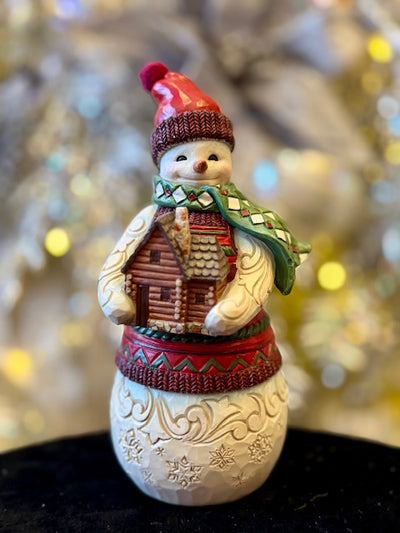 JIM SHORE HWC CHRISTMAS AT THE LODGE SNOWMAN WITH LOG CABIN 6017038