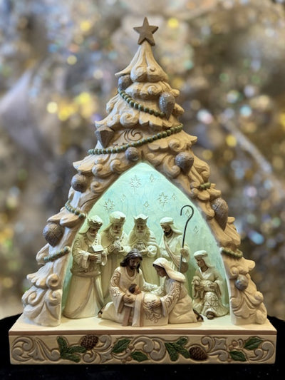 JIM SHORE WHITE WOODLAND NATIVITY DIORAMA LED TREE 6017175