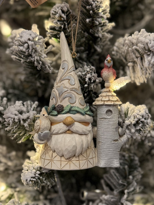 JIM SHORE HWC - WHITE WOODLAND GNOME WITH BIRDHOUSE HANGING ORNAMENT 6019320