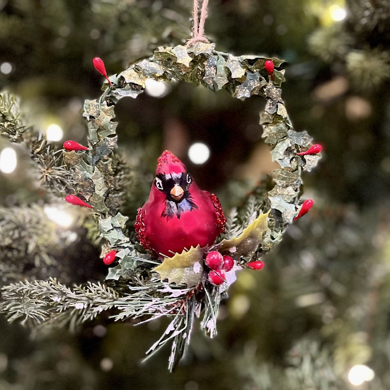 CARDINAL IN HOLLY WREATH GLASS HANGING ORNAMENT 4252851