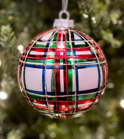 WHITE COLOURED PLAID 4.5 INCH ROUND GLASS ORNAMENT 4224633