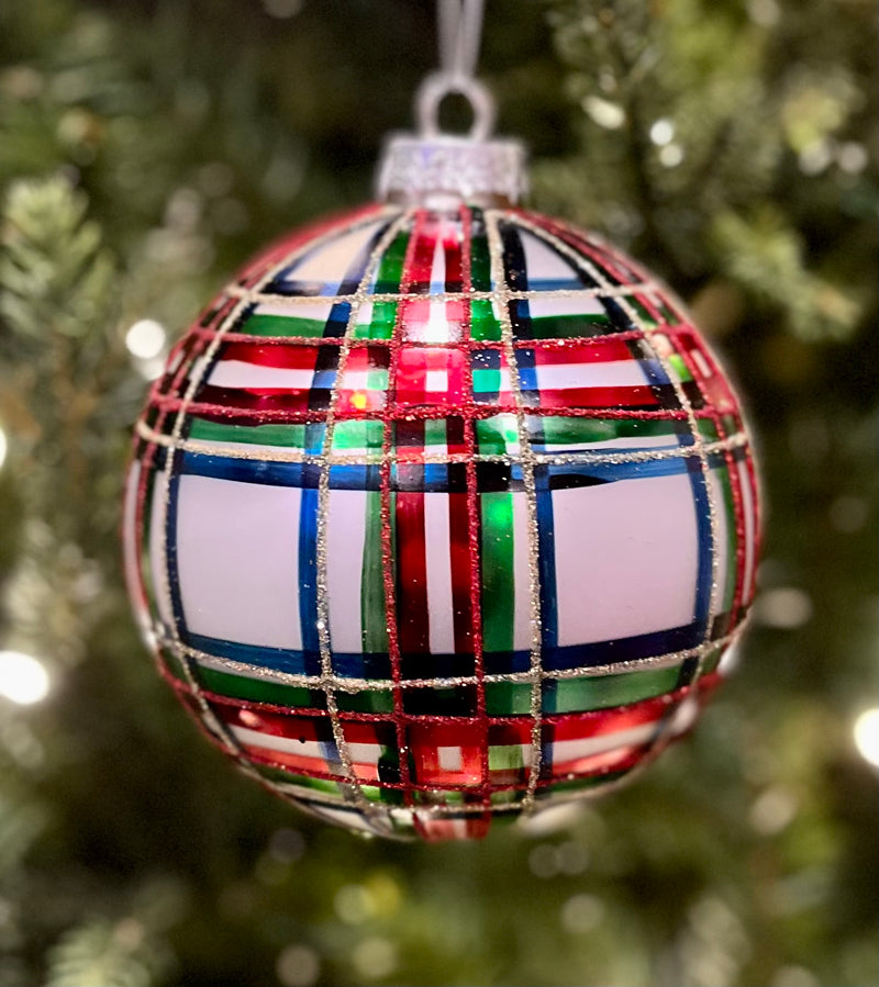 WHITE COLOURED PLAID 4.5 INCH ROUND GLASS ORNAMENT 4224633