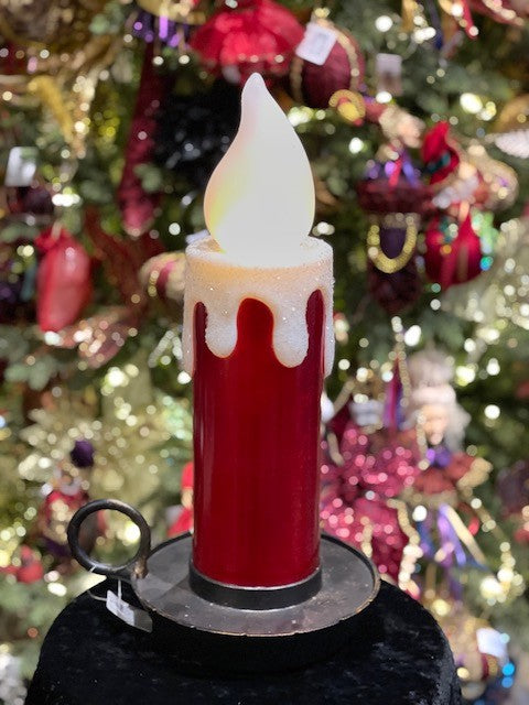 RED METALLIC LED FLICKERING CANDLE WITH SNOW
