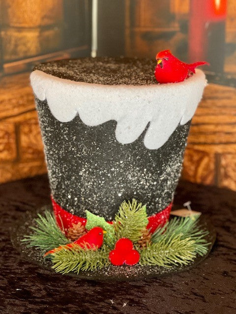 LARGE TOP HAT WITH SNOW & CARDINAL TREE TOPPER