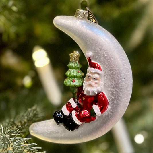 SANTA ON MOON GLASS ORNAMENT 