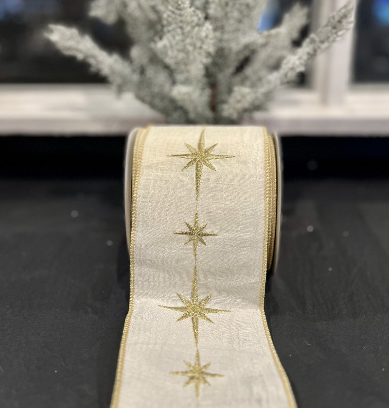 CHRISTMAS STAR GOLD EMBROIDERED CREAM RIBBON 4 INCH R4071752