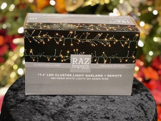 19.6' CLUSTER GARLAND GREEN WIRE WITH 600 WHITE LIGHT