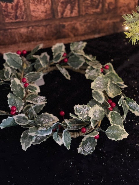 12" ICED VARIEGATED HOLLY CANDLE RING