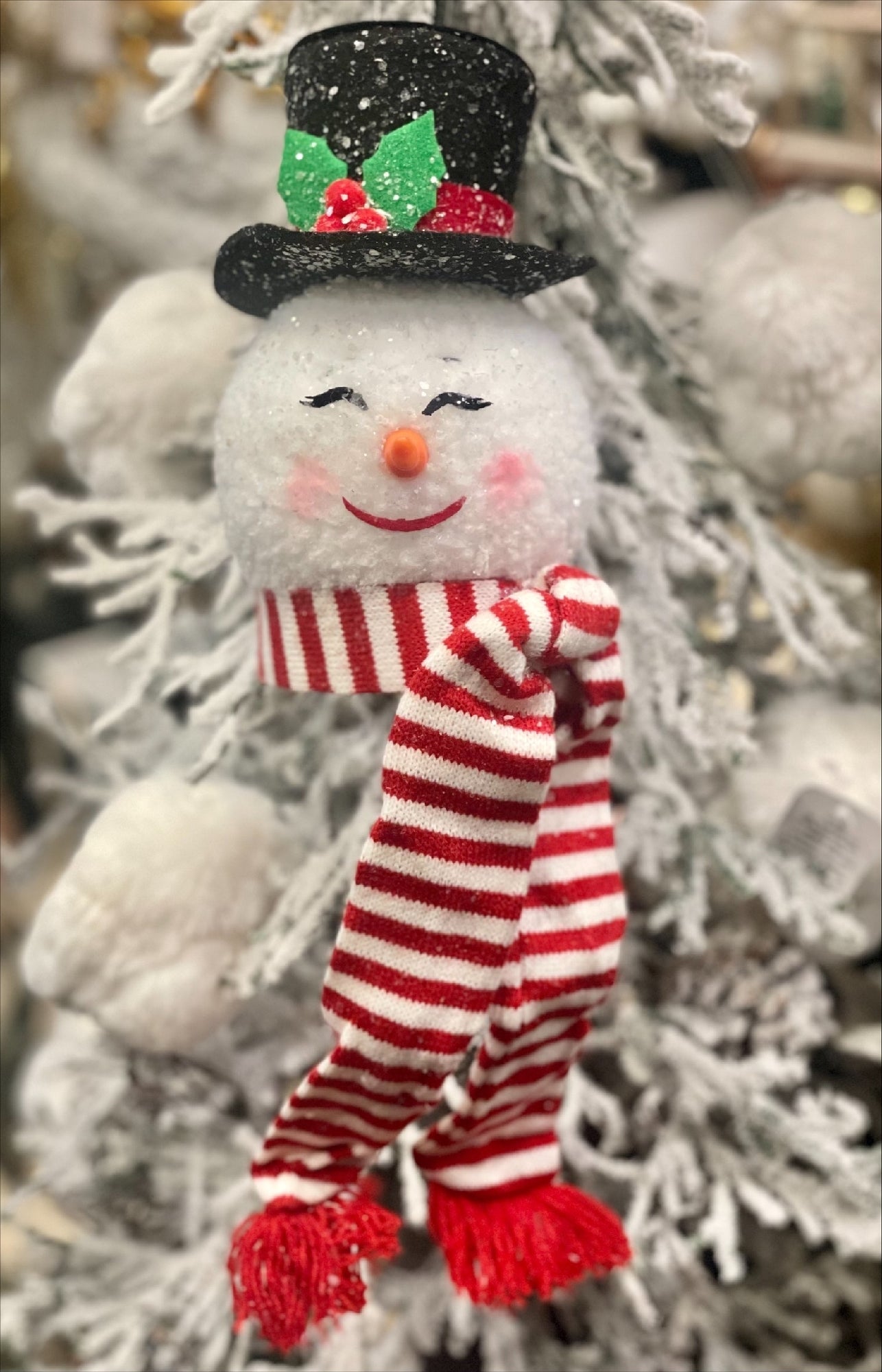 FLUFFY SNOWMAN HEAD WITH TOP HAT & SCARF HANGING ORNAMENT 