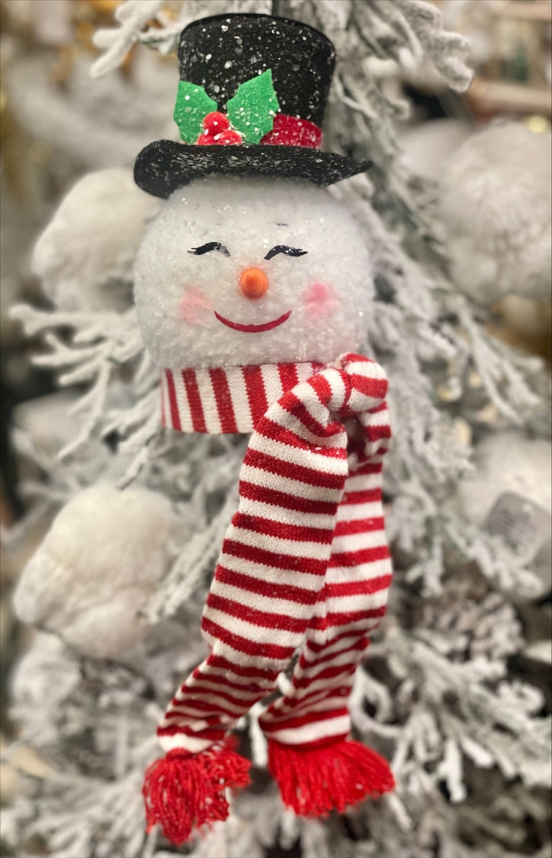 FLUFFY SNOWMAN HEAD WITH TOP HAT & SCARF HANGING ORNAMENT