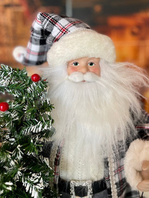 CHRISTMAS VILLAGE - SANTA BLACK & WHITE CHECK HOLDING TREE AND LANTERN 4119026