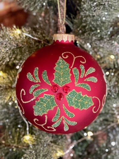 RED MATT WITH HOLLY DETAIL ROUND ORNAMENT 4120856