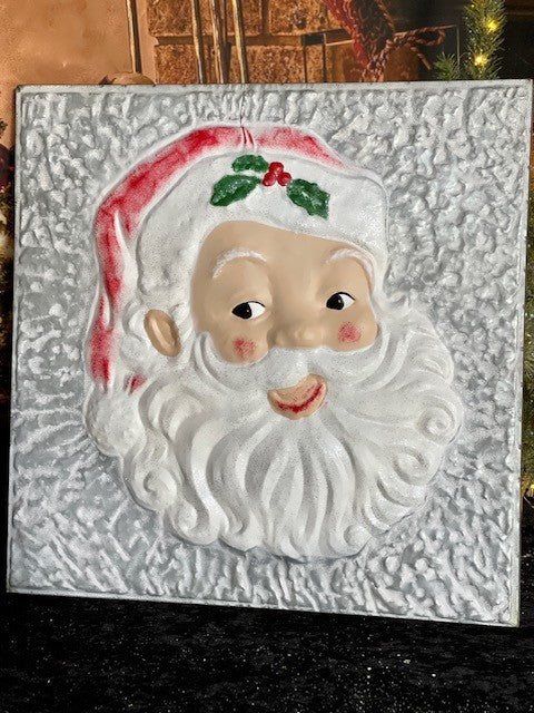 GLITTERED SANTA TIN EMBOSSED WALL ART