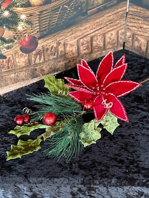 RED POINSETTIA, HOLLY & BAUBLE SPRUCE SPRAY F4160804