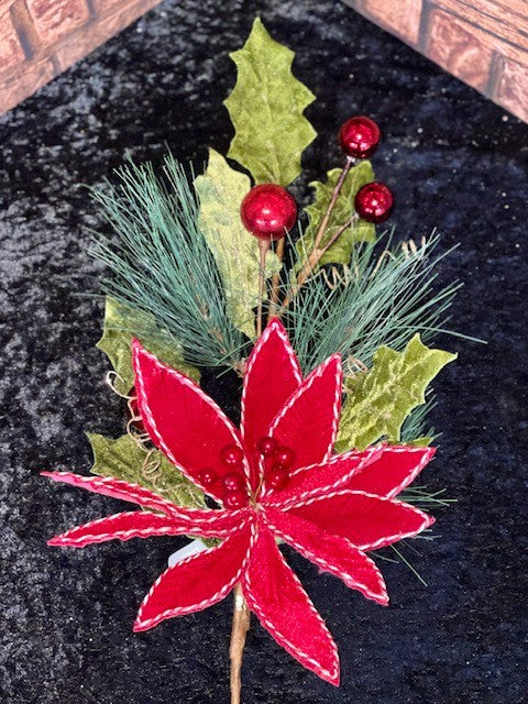 RED POINSETTIA, HOLLY & BAUBLE SPRUCE SPRAY F4160804