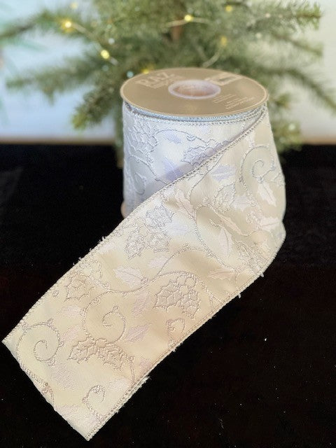 WHITE WITH EMBROIDED HOLLY WIRED RIBBON R4127741