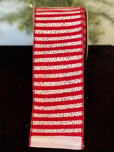 GLITTER RED AND WHITE STRIPE WIRED RIBBON R4171871