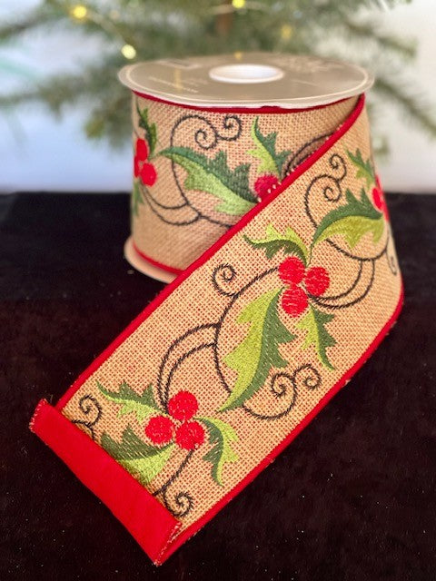 HOLLY EMBROIDERED WIRED RIBBON R4171873