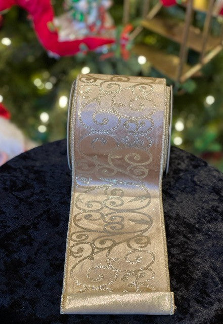 GOLD GLITTER PRINT BLUSH VELVET RIBBON 4 INCH R4171887