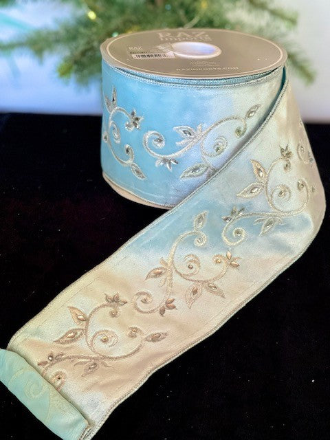 PALE BLUE VELOUR EMBROIDED JEWELLED WIRE RIBBON R4171877