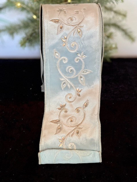 PALE BLUE VELOUR EMBROIDED JEWELLED WIRE RIBBON R4171877